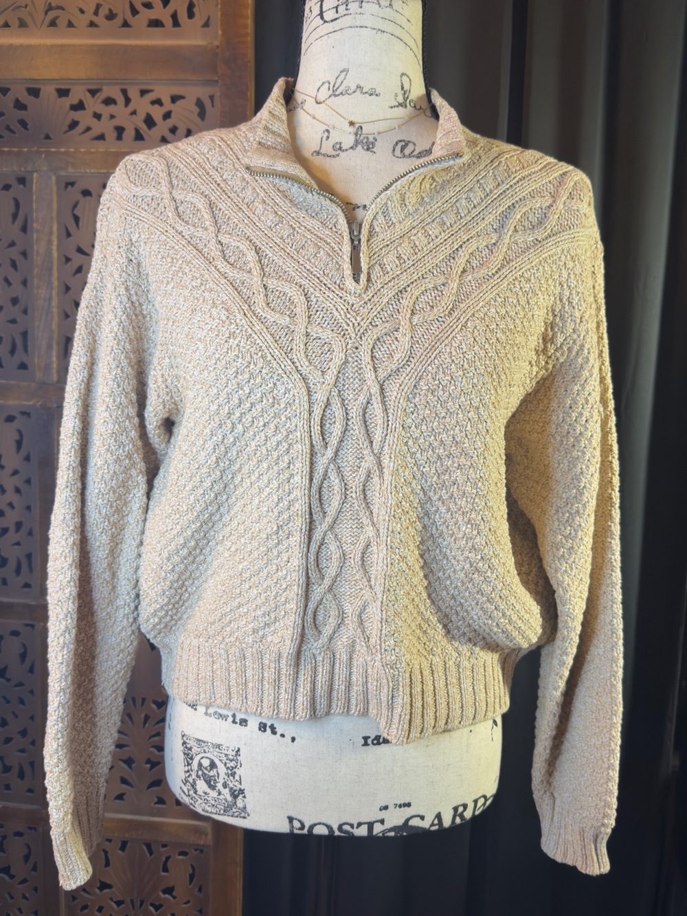 Vintage Liz Claiborne 100% Cotton Chunky Cable Knit Quarter-Zip Sweater Beige